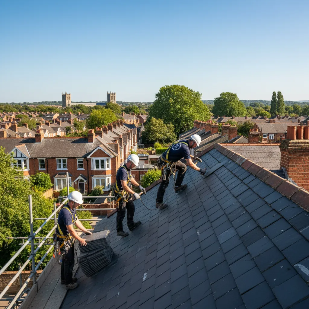 Roofers working on a slate roof in St Albans with cathedral in background