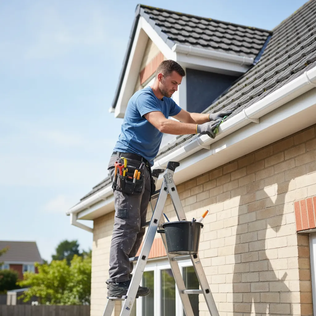 Roofer maintaining fascia and guttering on a Watford property