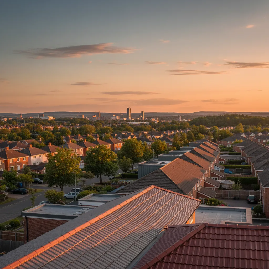 Completed tiled roof with Stevenage skyline and Hertfordshire countryside at sunset.
