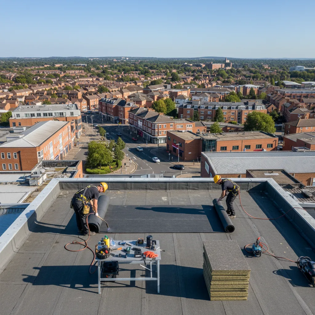 Roofers installing a flat roof on a commercial property in Watford