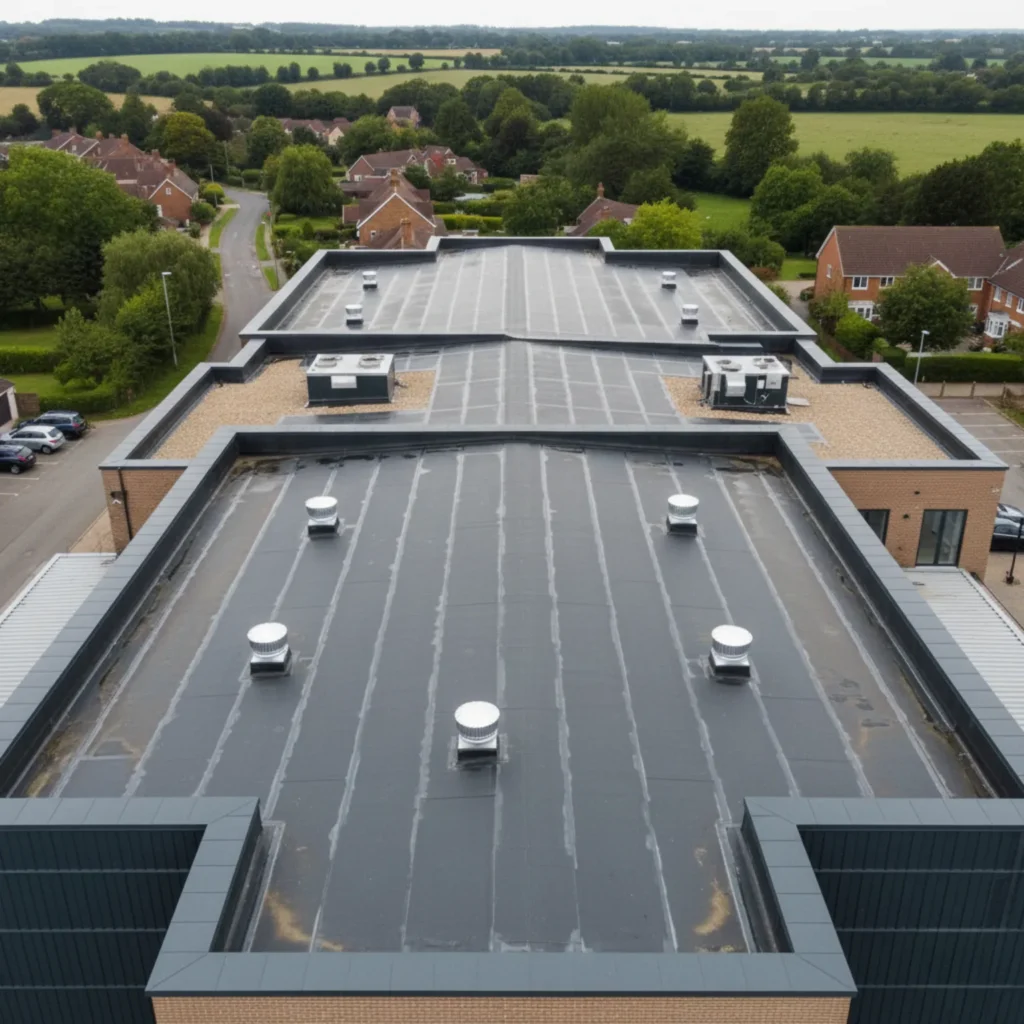 Aerial view of a commercial flat roof installation in Chipperfield, Hertfordshire