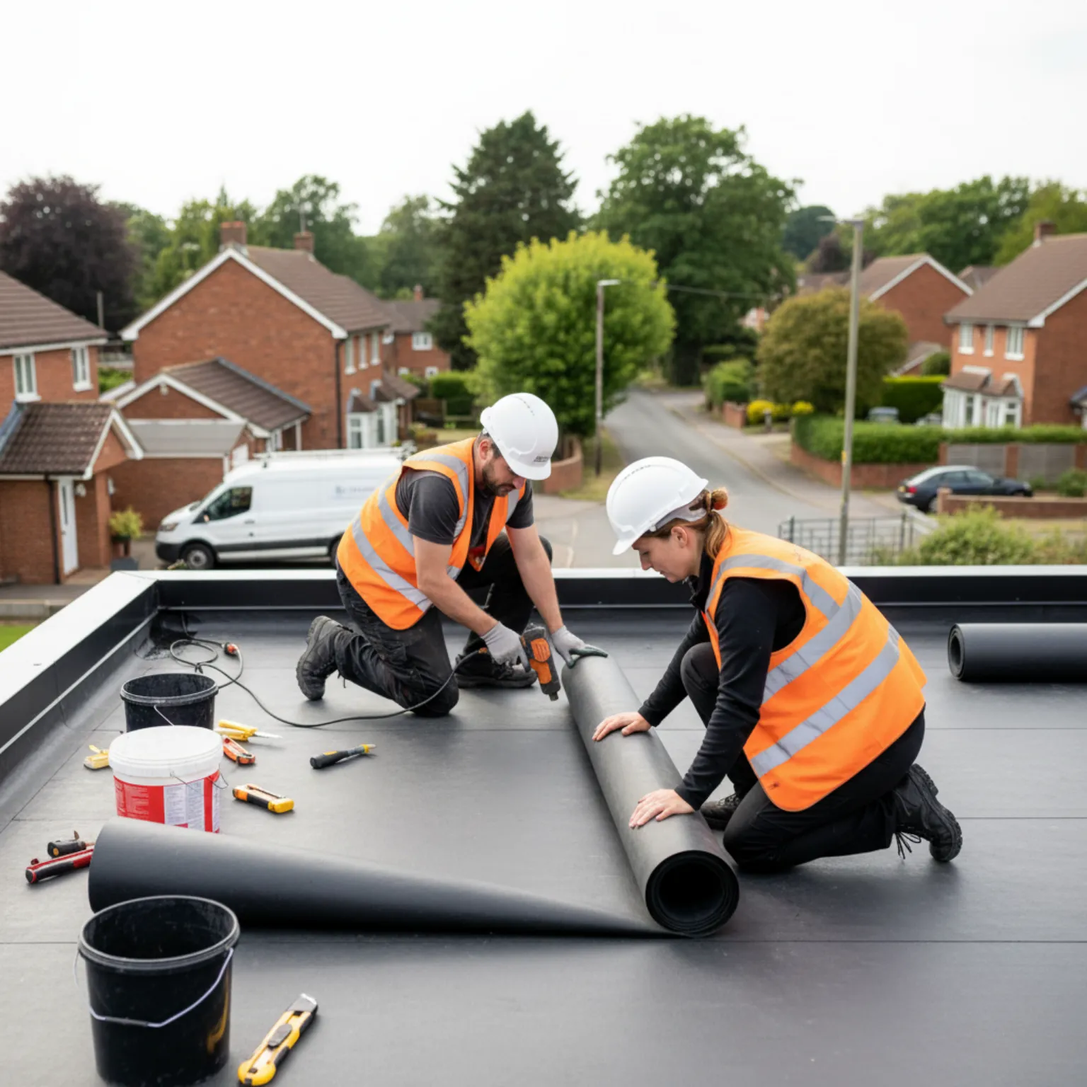 Roofing specialists installing a flat roof in Chipperfield, Hertfordshire.