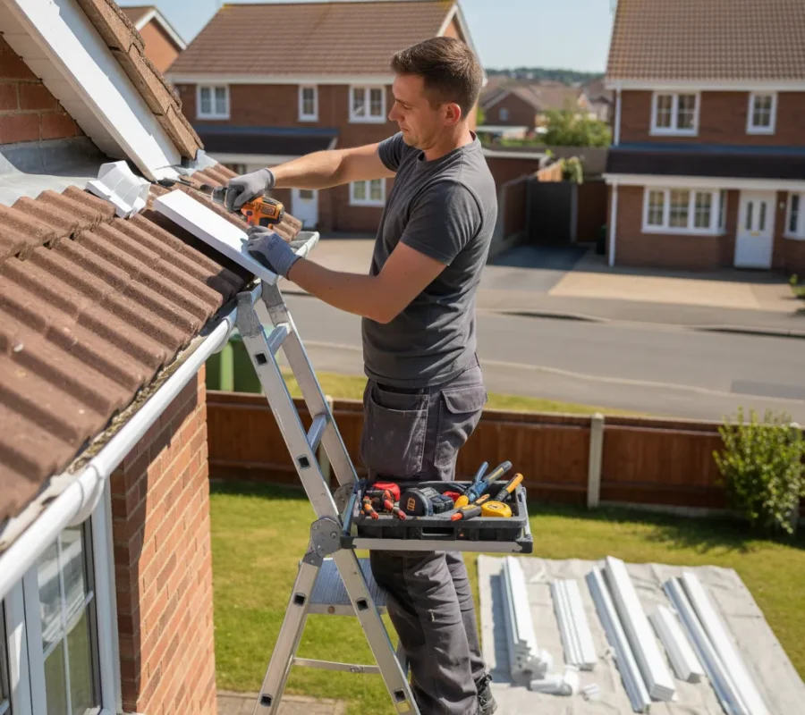 Roofer installing white UPVC fascia and guttering on a home in Stevenage, Hertfordshire