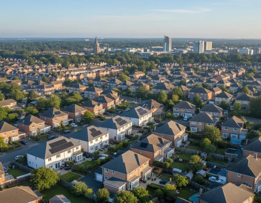 Overview of tiled residential rooftops in Stevenage, Hertfordshire, under clear morning sky