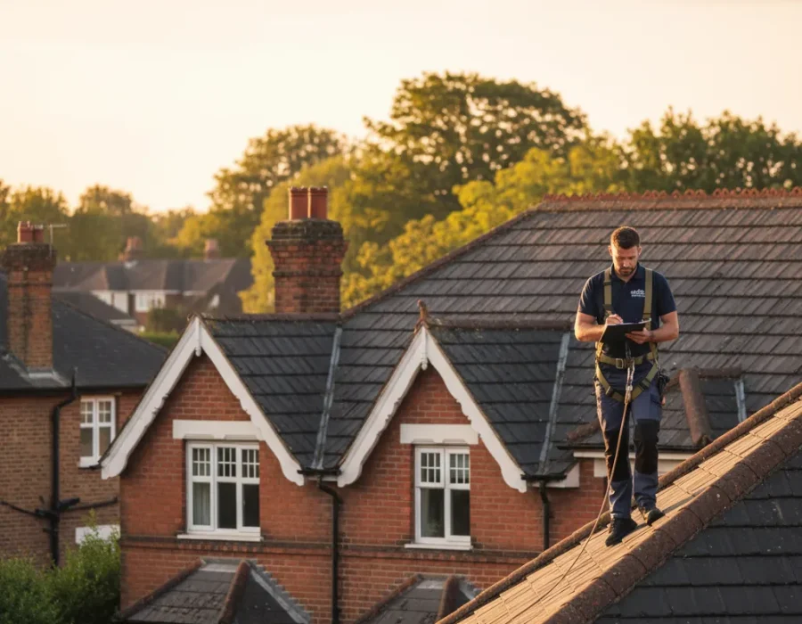 Professional roofer inspecting a tiled roof on a St Albans home