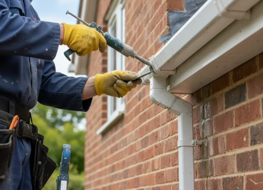 Roofer repairing a leaking gutter joint on a home in Chipperfield, Hertfordshire