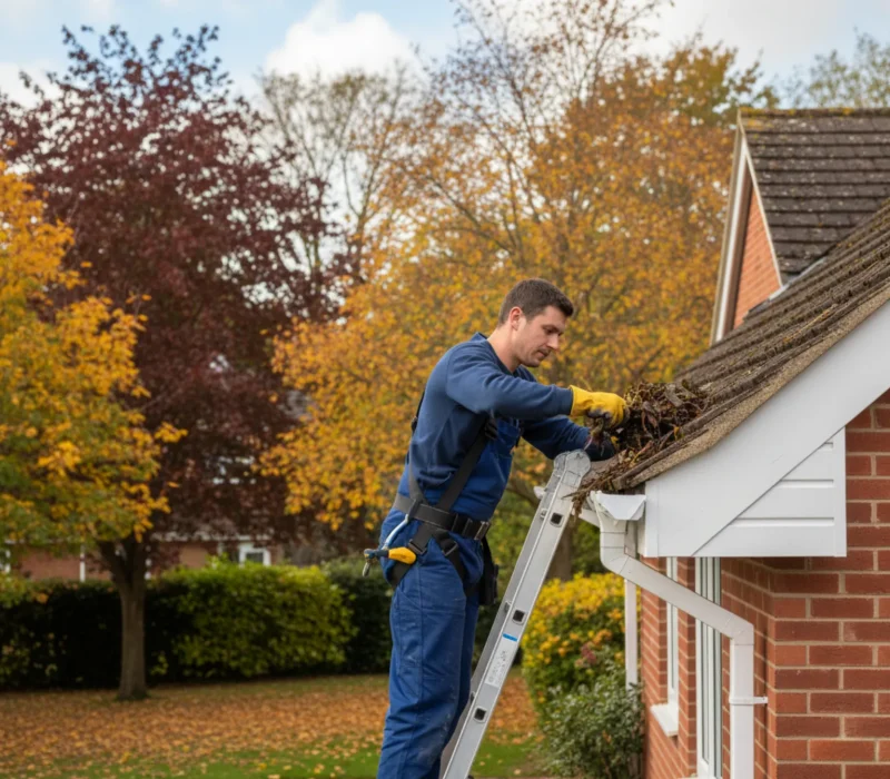 Gutter cleaning service in Chipperfield, Hertfordshire with roofer removing debris