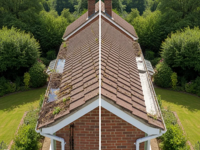 Before and after view of gutter maintenance on a home in Chipperfield, Hertfordshire
