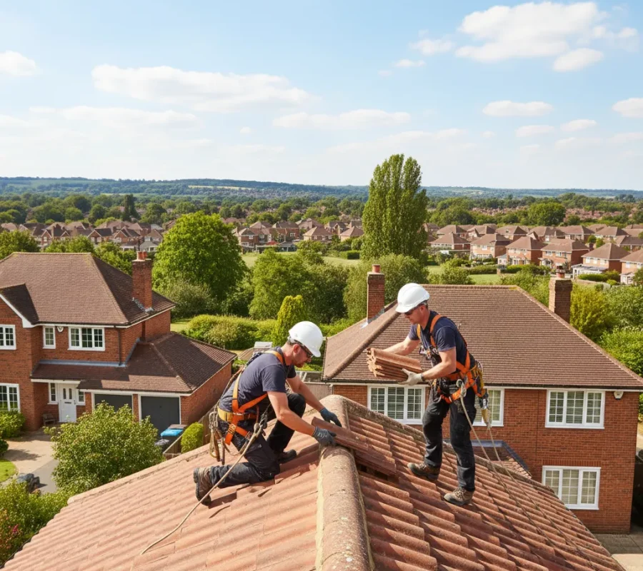 Roofers working on a tiled residential roof in Hemel Hempstead, Hertfordshire