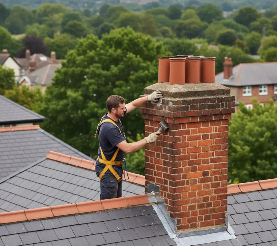 Roofer repairing brick chimney and applying lead flashing in St Albans