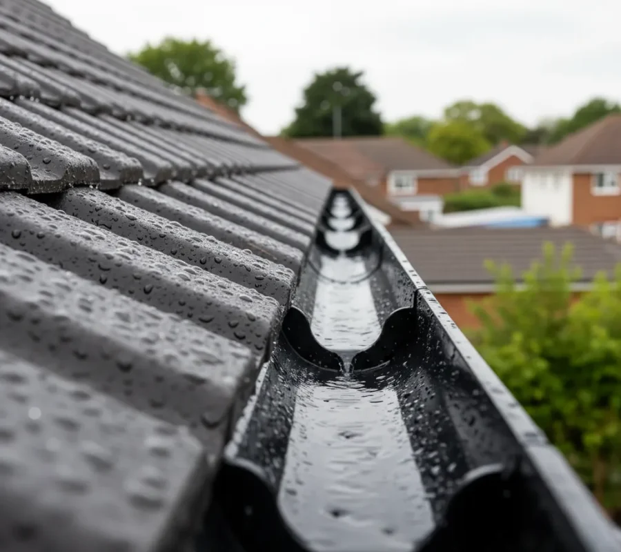 Close-up of new roof valley and guttering system on tiled roof in St Albans