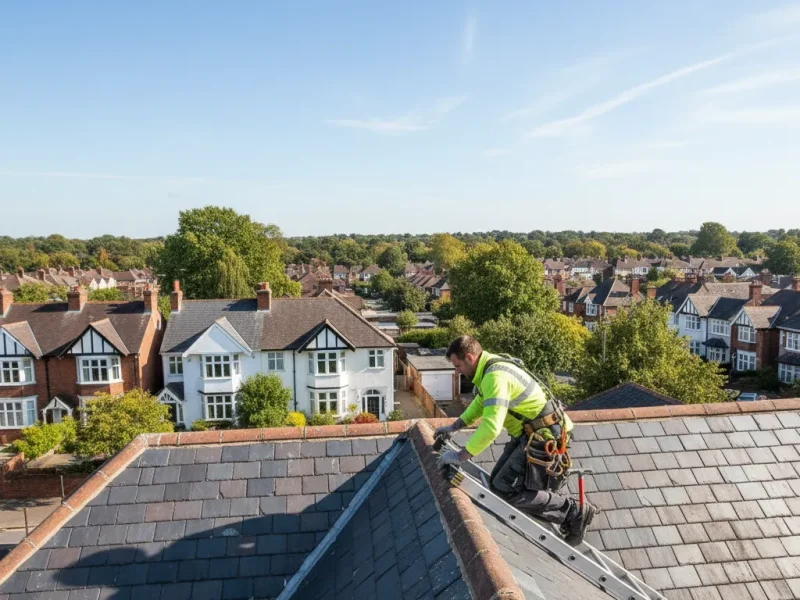 Roofer inspecting a tiled roof on a home in Watford, Hertfordshire