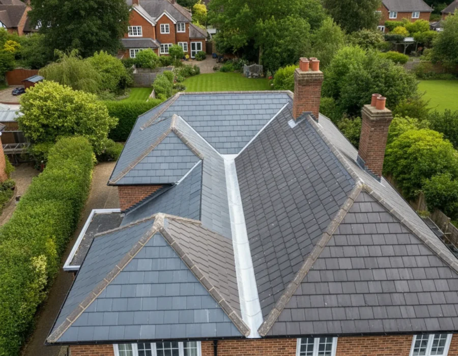 Aerial view of a tiled roof with new roof valleys in Chipperfield, Hertfordshire