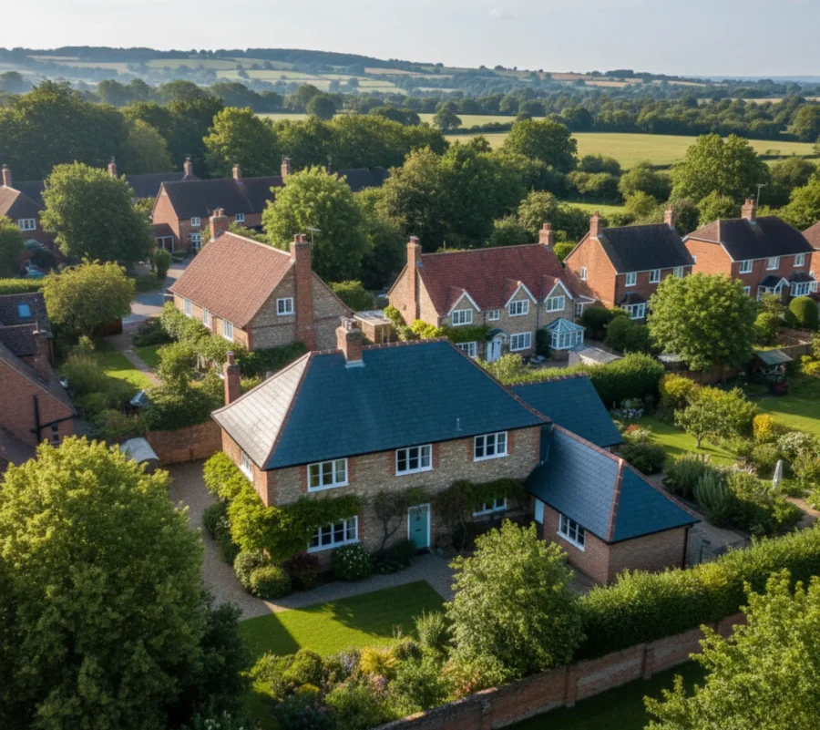 Aerial view of homes with newly finished tile and slate roofs in Chipperfield, Hertfordshire