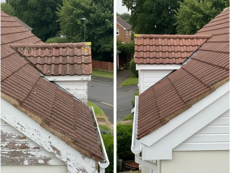 Before and after comparison of UPVC fascia and soffit installation on a Chipperfield home