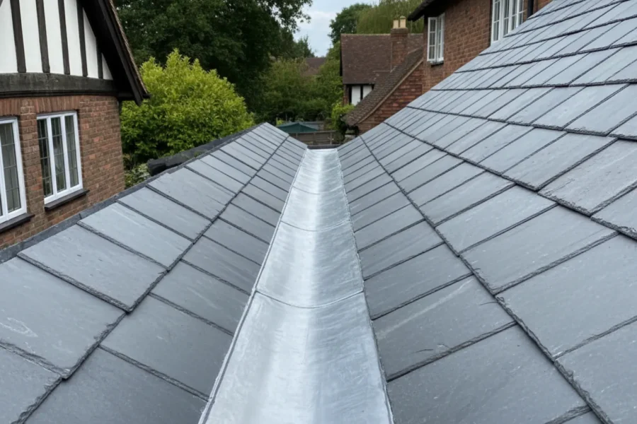 Close-up of a lead roof valley installation on a slate roof in Chipperfield, Hertfordshire