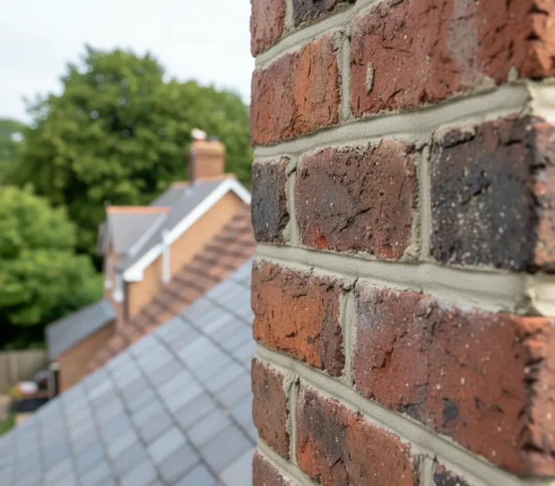 Close-up of brick chimney repointing work on a house in Chipperfield, Hertfordshire