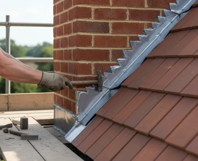 Close-up of expert roofer fitting lead flashing around a chimney in Chipperfield, Hertfordshire Close-up of expert roofer fitting lead flashing around a chimney in Chipperfield, Hertfordshire
