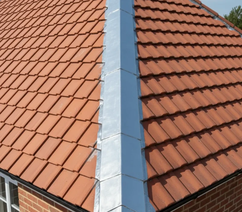 Close-up of newly installed lead flashing and roof valley on traditional UK roof