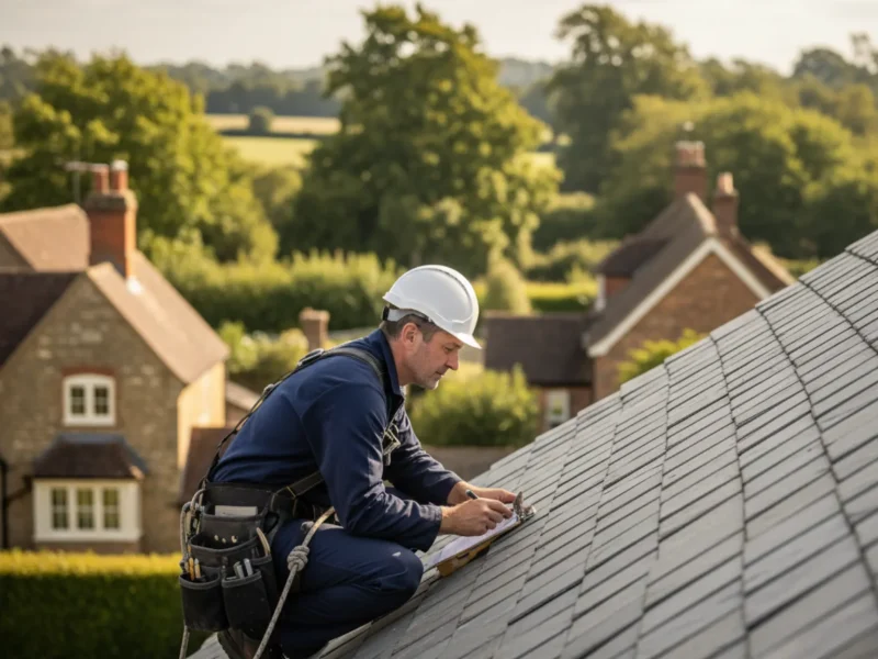 Experienced roofer inspecting a grey slate roof on a traditional home in Chipperfield, Hertfordshire Experienced roofer inspecting a grey slate roof on a traditional home in Chipperfield, Hertfordshire
