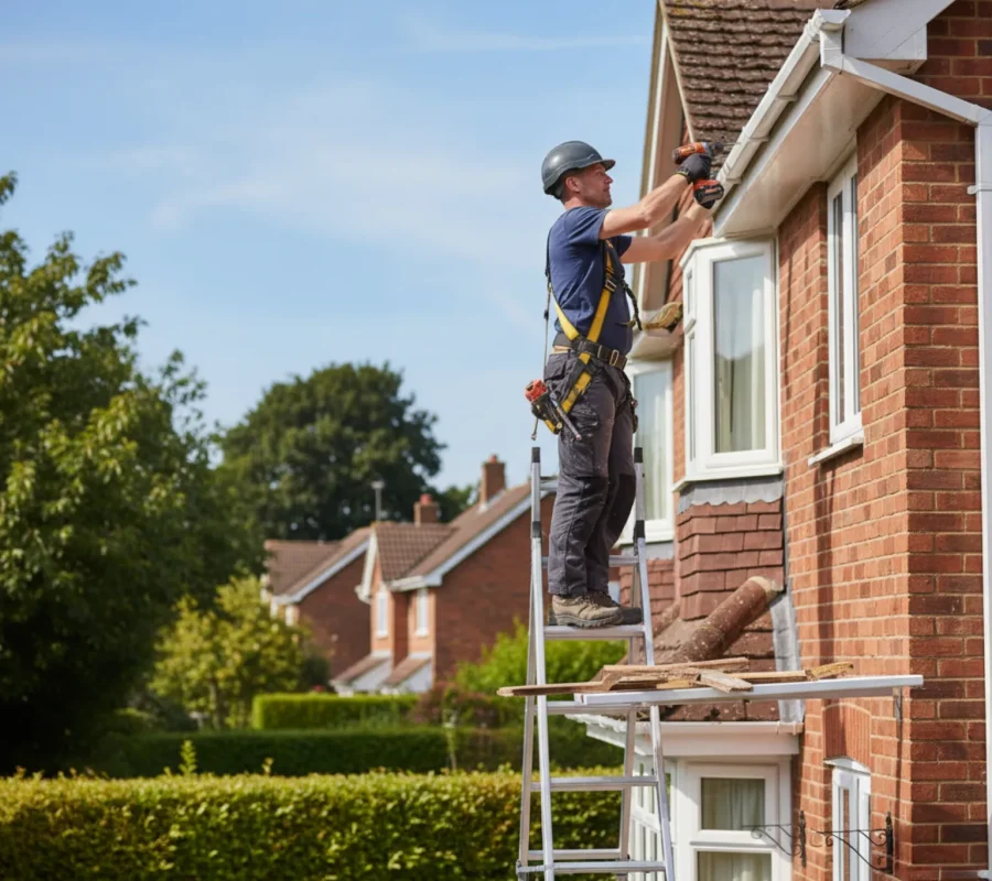 Experienced roofer installing new fascia boards on a detached home in Chipperfield, Hertfordshire Experienced roofer installing new fascia boards on a detached home in Chipperfield, Hertfordshire