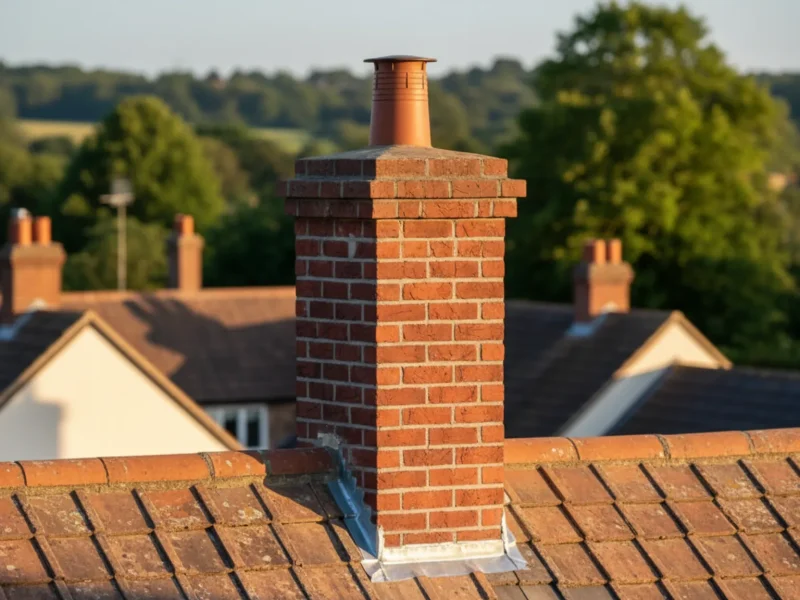 Freshly repaired brick chimney on a tiled roof in Chipperfield, Hertfordshire