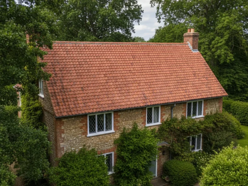 New red clay tile roof on traditional brick home in Chipperfield, Hertfordshire, surrounded by greenery New red clay tile roof on traditional brick home in Chipperfield, Hertfordshire, surrounded by greenery