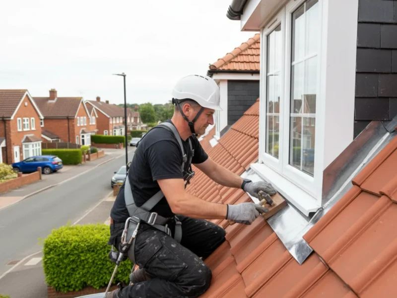 Professional roofer applying lead detailing near dormer window on Hertfordshire home