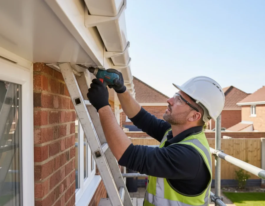 Professional roofer fitting UPVC soffits on a brick house in Chipperfield, Hertfordshire
