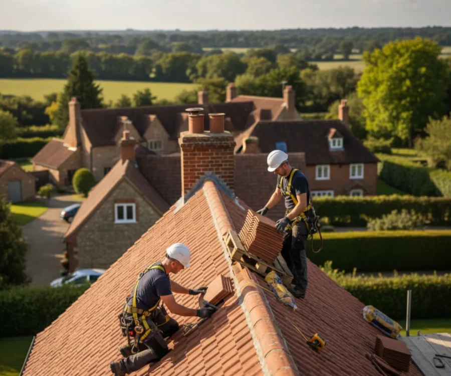 Professional roofers installing clay tiles on a pitched roof in Chipperfield, Hertfordshire Professional roofers installing clay tiles on a pitched roof in Chipperfield, Hertfordshire