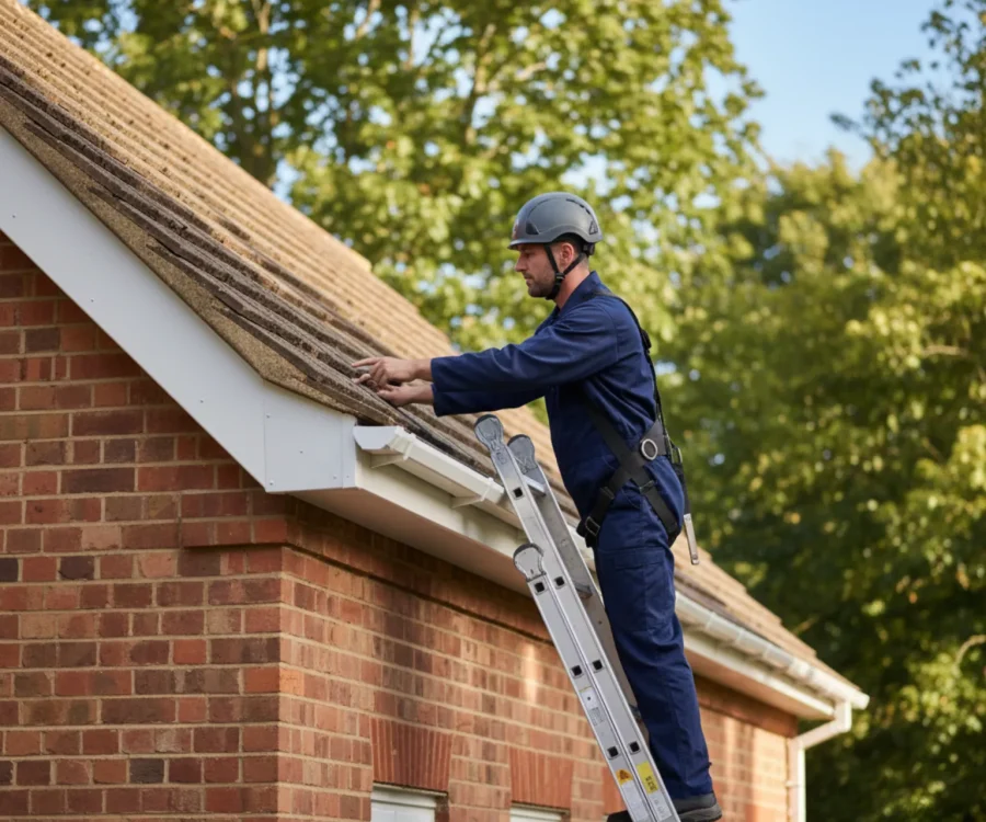 Roofer inspecting fascia boards along a tiled roof in Chipperfield, Hertfordshire