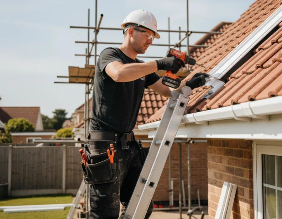Roofer installing UPVC fascia boards on a residential property in Chipperfield, Hertfordshire Roofer installing UPVC fascia boards on a residential property in Chipperfield, Hertfordshire