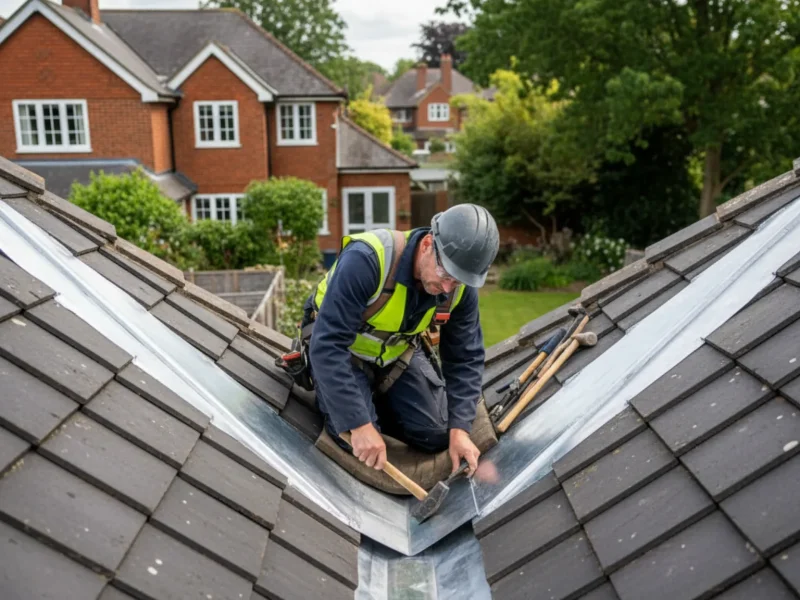 Roofer installing a new lead roof valley on a tiled roof in Chipperfield, Hertfordshire