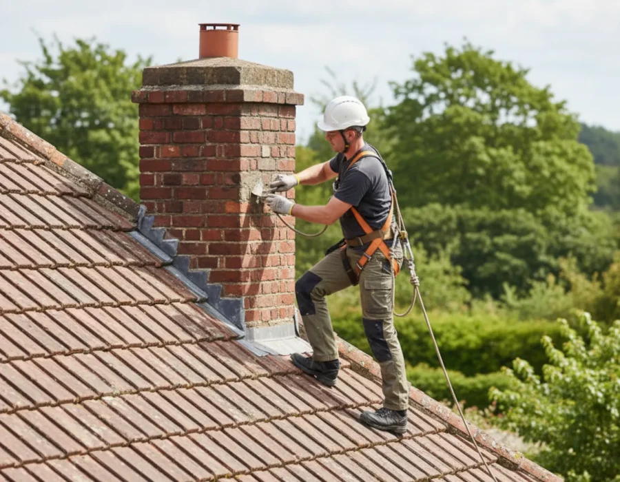 Roofer repointing and repairing a chimney stack on a tiled roof in Chipperfield, Hertfordshire